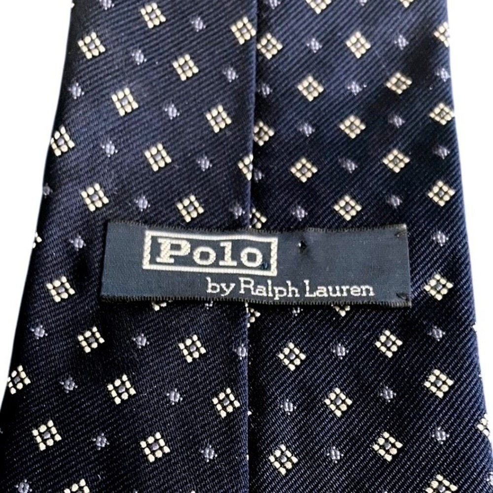 Polo Ralph Lauren Tie Mens OS Navy Blue Silk Geometric Diamond Hand Finished
